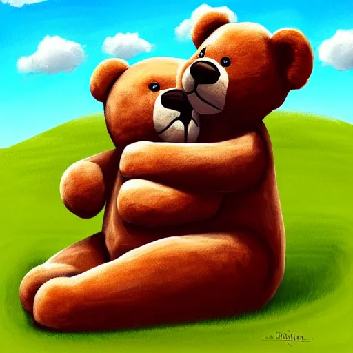 Image similar to young man burying his face on the belly of a giant teddy bear, cute, digital painting,