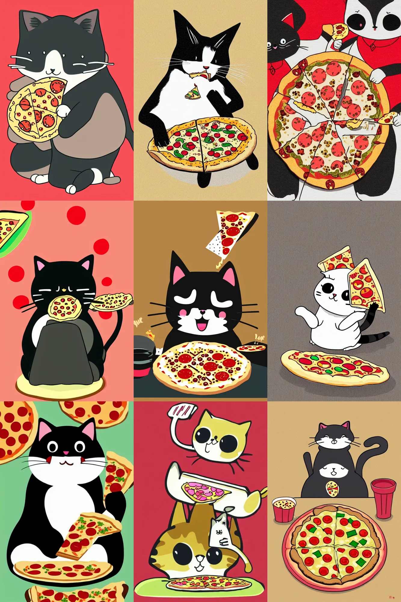Prompt: Kawaii illustration of a cat eating pizza, japanese cute