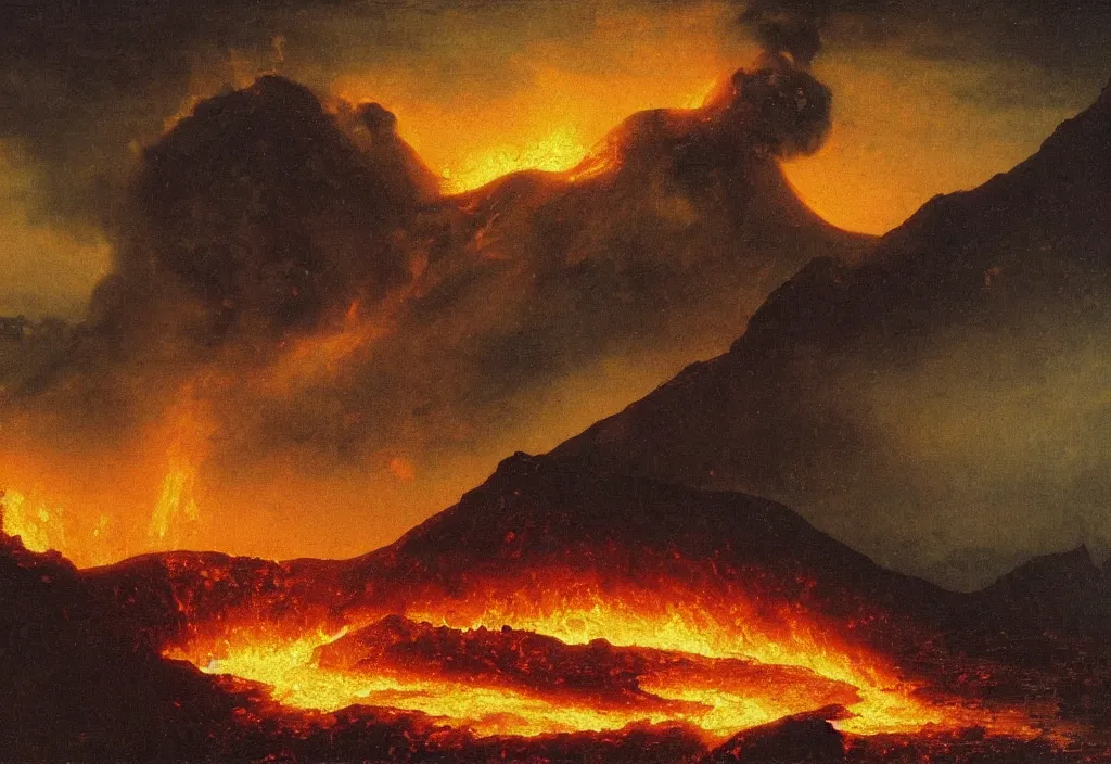 Image similar to a beautiful painting of a volcano oozing lava, pyroclastic clouds forming by albert bierstadt, high resolution, excellent contrast, morning