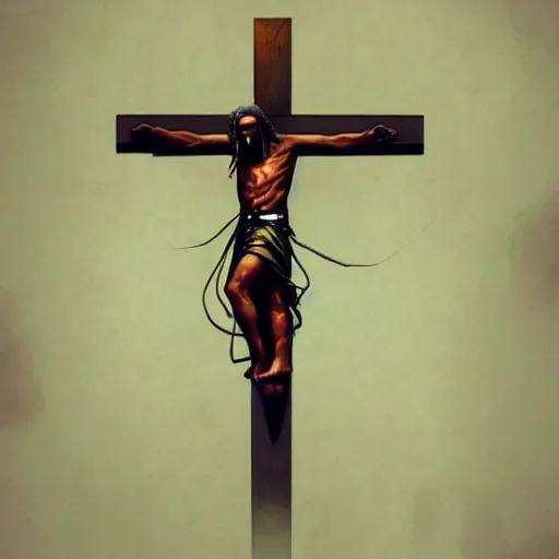 Prompt: Cyberpunk Jesus on the cross, digital art, trending on ArtStation