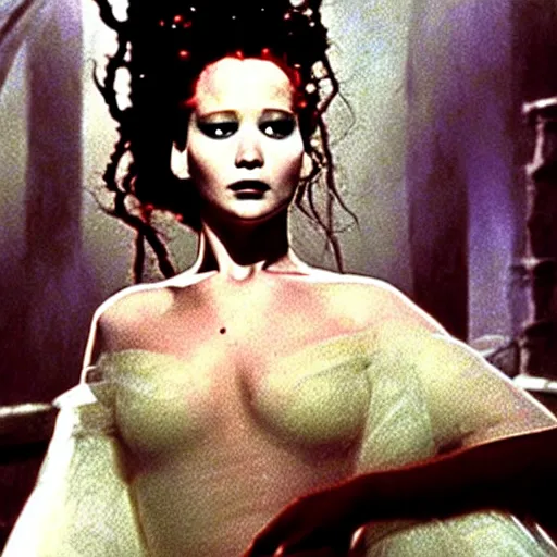 Prompt: jennifer lawrence, color photography, sharp detail, still from the movie bride of frankenstein