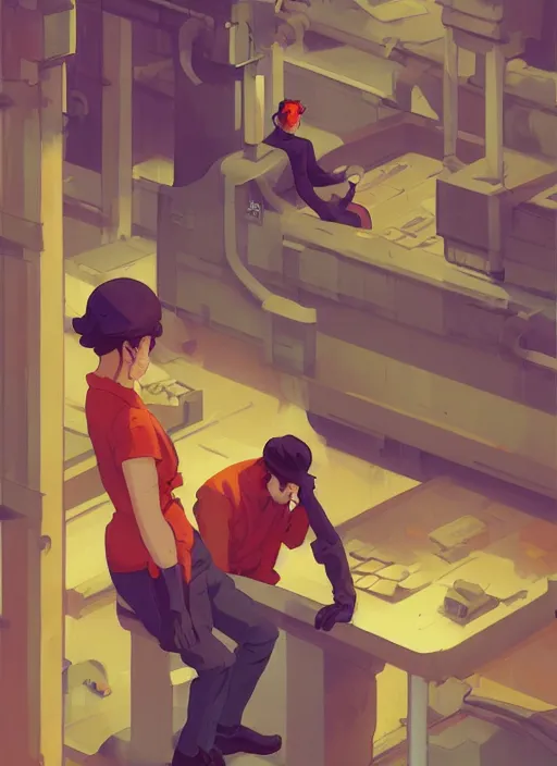 Prompt: depressed workers working in a factory, in the style of artgerm, gerald brom, atey ghailan and mike mignola, vibrant colors and hard shadows and strong rim light, plain background, comic cover art, trending on artstation