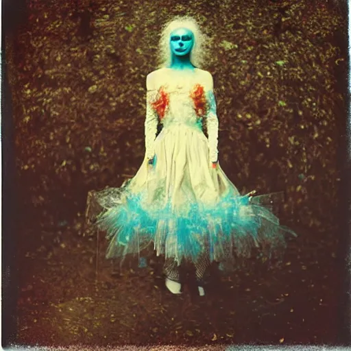 Prompt: kodak portra 4 0 0, wetplate, photo of a surreal artsy dream scene,, very beautiful girl, weird fashion, grotesque, extravagant dress, carneval, animal, wtf, photographed by paolo roversi style