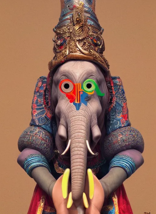 Prompt: an anthropomorphic beautiful goddess female wizard made of elephant portrait holding a staff wearing colourful robe, fine art, award winning, intricate, elegant, sharp focus, octane render, hyperrealistic, cinematic lighting, highly detailed, digital painting, 8 k concept art, art by jamie hewlett and z. w. gu, masterpiece, trending on artstation, 8 k