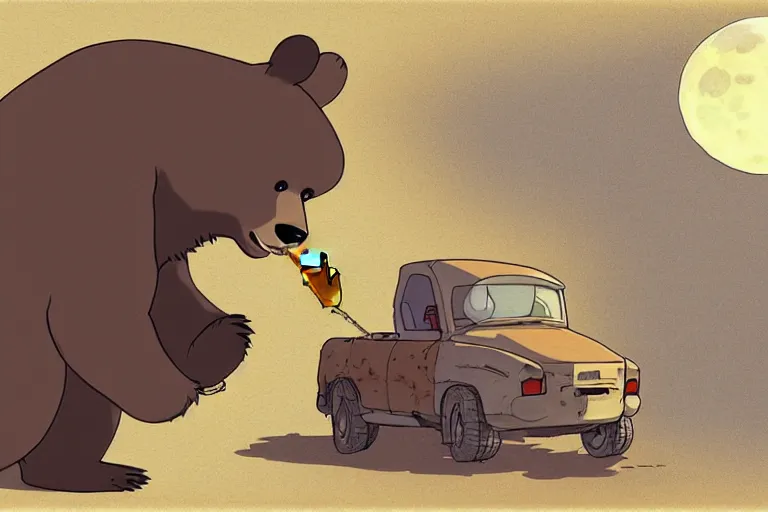 Prompt: a study of a cell shaded cartoon bear drinking a a beer on a desert road in front of a big moon, full body, wide shot, very muted colors, post grunge, studio ghibli, laurie greasley, highly detailed, deviantart, art by artgem