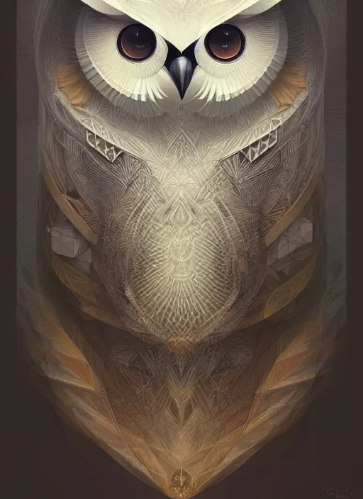 Prompt: portrait of a geometric owl, identical eyes, medium shot, illustration, full body made of white feathers, 8 k, symmetrical, art stand, super detailed, cinematic lighting, and its detailed and intricate, gorgeous, by peter mohrbacher