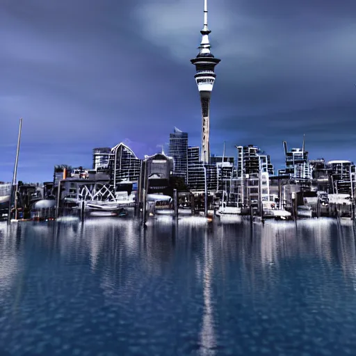 Image similar to auckland city and sky tower and harbor bride utopian, dynamic lighting, cinematic composition, artstation, octane render, ayan nag