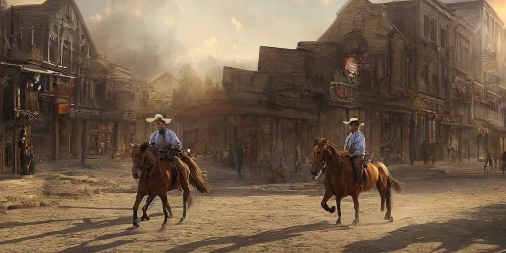 Image similar to rugged sheriff riding his horse through a busy old - west town, detailed, volumetric lighting, cinematic