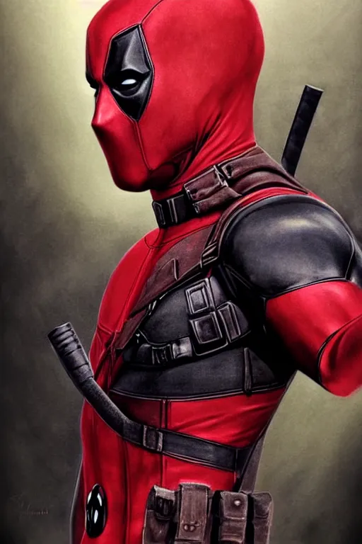 Image similar to photorealistic portrait photograph of deadpool as a glorious regal marvel hero, sleek outfit, upper body, fantasy, handsome, depth of field, soft focus, highly detailed, intricate, realistic, national geographic cover, soft glow, textured, artstation, concept art, sharp focus, illustration, art by artgerm and greg rutkowski and alphonse mucha