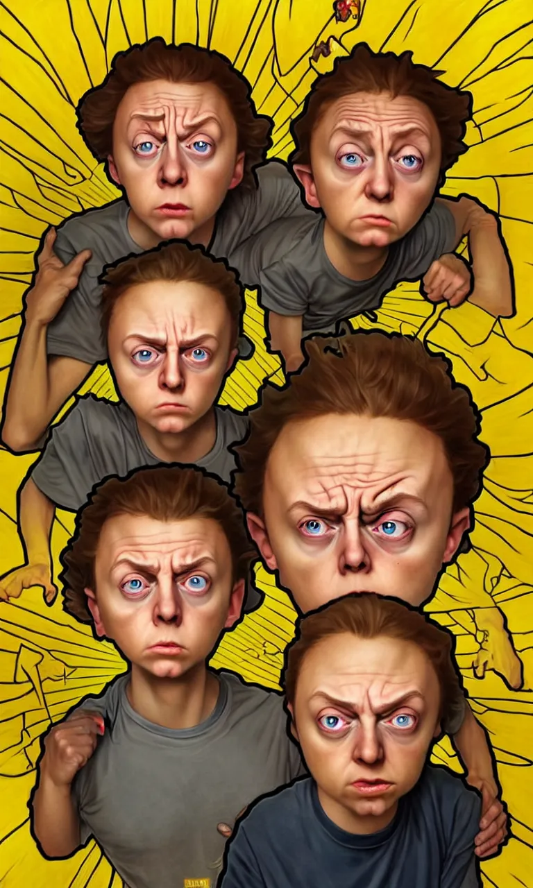 Prompt: hyper realistic portrait of an very young 1 2 yr dumb roundheaded round head morty, from rick and morty, worried, yellow t - shirt, portal in the background, by lee bermejo, alphonse mucha and greg rutkowski