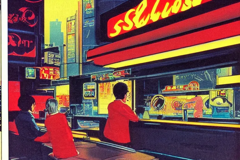 Prompt: 1 9 7 9 science fiction magazine cover depicting a fast food window downtown in neo - tokyo. in the style of bladerunner concept art by syd mead