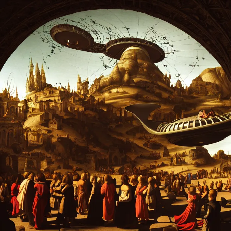 Prompt: crowd of medieval people surrounding crashed UFO ribbed spaceship, dream-like atmosphere, baroque landscape painting, perfect portrait composition, beautiful detailed intricate insanely detailed octane render trending on Artstation, 8K artistic photography, photorealistic, soft natural volumetric cinematic perfect light, chiaroscuro, award-winning photograph, masterpiece, Raphael, Caravaggio, Greg Rutkowski, Beeple