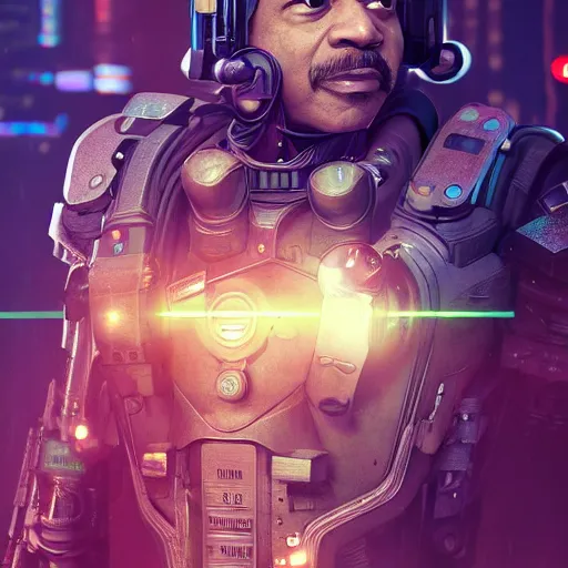 Prompt: beautiful portrait of a cyborg mercenary with neil degrasse tyson's face, art by wlop, liam wong, cyberpunk, neon, combat armor, head and shoulders, intricate details, trending on artstation, sharp focus, caustics, octane render, radiant light, 4 k