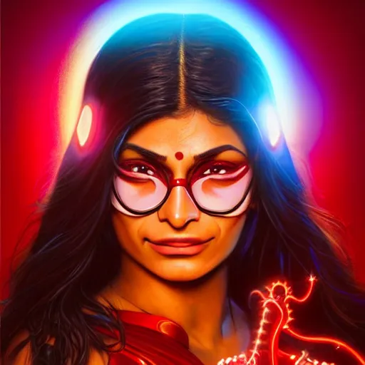 Image similar to mia khalifa as darna, wax figure, glowing eyes, volumetric lights, red and cyan theme, art nouveau botanicals, intricate, highly detailed, digital painting, artstation, concept art, smooth, sharp focus, cinematic, illustration, beautiful face, art by artgerm and greg rutkowski and alphonse mucha