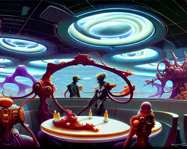 Prompt: a futuristic mcdonalds restaurant, fantasy landscape made of fractals facing each other, ultra realistic, wide angle, intricate details, the fifth element artifacts, highly detailed by peter mohrbacher, hajime sorayama, wayne barlowe, boris vallejo, aaron horkey, gaston bussiere, craig mullins