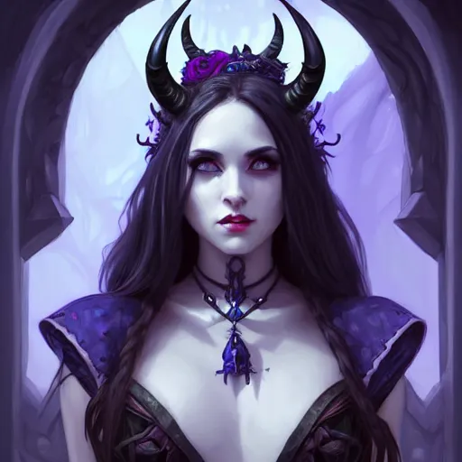 Prompt: wide angle, necromancer tiefling, blue dress, jeweled horns, focused, forest, female, d & d, fantasy, intricate, elegant, highly detailed, long black hair, digital painting, artstation, octane render, concept art, matte, sharp focus, illustration, hearthstone, art by artgerm, alphonse mucha johannes voss