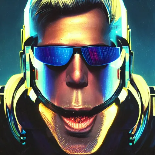 Prompt: a portrait of cyberpunk Duke Nukem wearing reflective surface mirror surface shades mirrorshades, Night City, cyberpunk 2077, neon megacity in the background, angry and bored, illustration, soft lighting, soft details, painting oil on canvas by mark arian by artgerm, trending on artstation, 4k, 8k, HD
