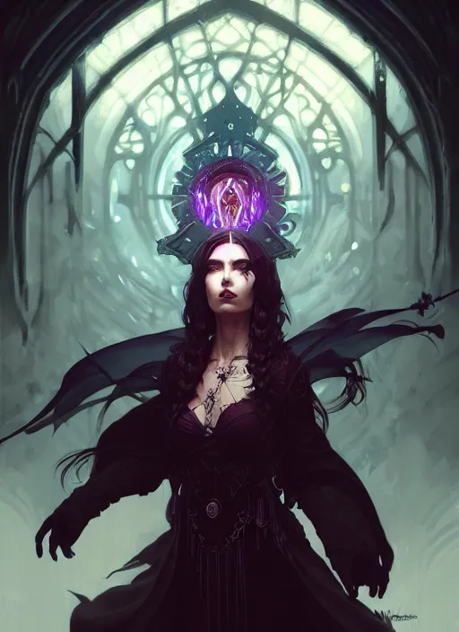 Image similar to Necromancer Sorceress, fantasy magic, undercut hairstyle, dark light night, intricate, elegant, sharp focus, illustration, highly detailed, digital painting, concept art, matte, art by WLOP and Artgerm and Greg Rutkowski and Alphonse Mucha, masterpiece