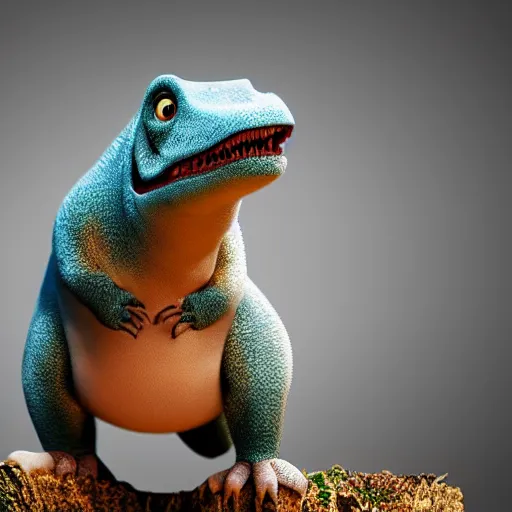 Image similar to a cute little dinosaur with long fur, portrait, pixar style, forest background, cinematic lighting, award winning creature portrait photography