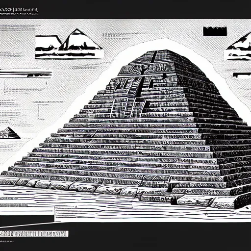 Image similar to gigantic colossal tortoise in the desert on its back pyramid ziggurat highly detailed concept art schematic, Laurie Greasley