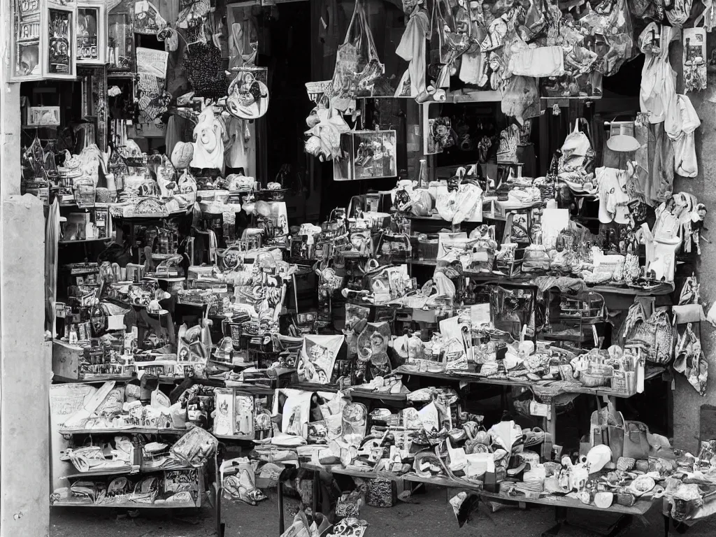 Image similar to a photograph of a market stall, every item is an exploding head. effortless beauty in the style of man ray