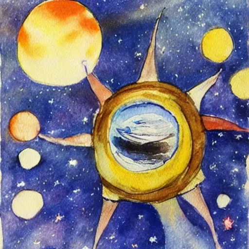 Image similar to the little prince on a little planet floating in space, original watercolors by exupery