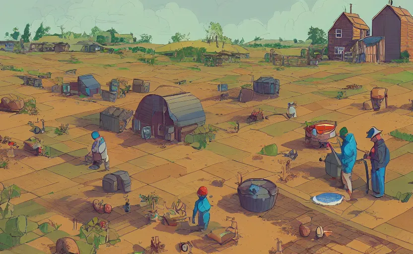 Image similar to people farming on a farm, small village, moebius, james gilleard, story book, gouache, print, game art