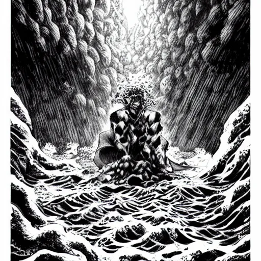 Prompt: a man drowning in the deepest pits of hell by kentaro miura, stunning artwork, wide shot angle