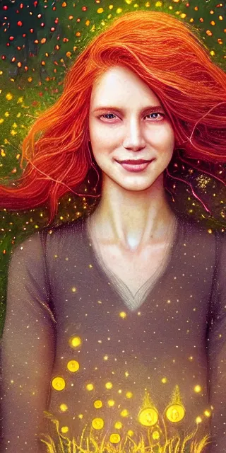 Image similar to infp young woman, smiling amazed, golden fireflies lights, sitting in the midst of nature fully covered, long loose red hair, intricate linework, bright accurate green eyes, small nose with freckles, oval shape face, realistic, expressive emotions, dramatic lights spiritual scene, hyper realistic ultrafine art by michael cheval, jessica rossier, boris vallejo