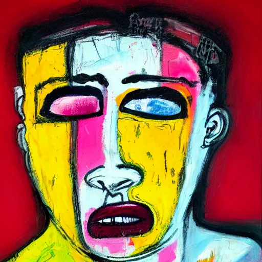 Image similar to pink and yellow and red detailed neo expressionism oil painting of sad boy rapper crying with tattoos by basquiat