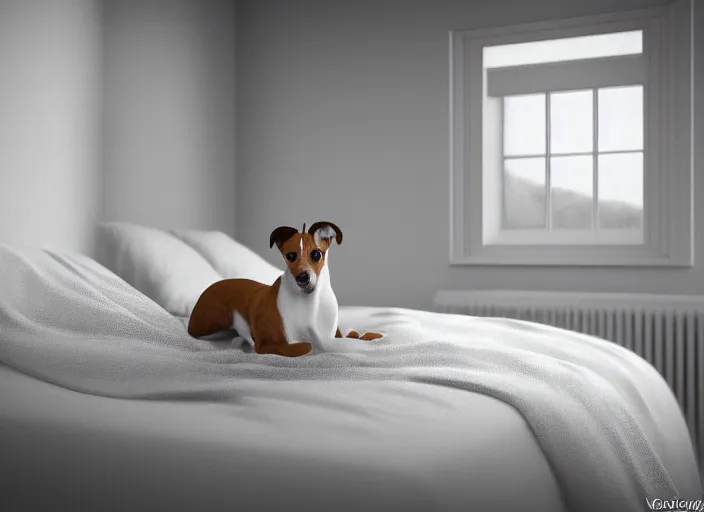 Image similar to photography of a Jack Russel . watching outside the window. on a bed. in a white room. octane render,volumetric light, volumetric fog, photorealistic,, award winning photo, 100mm, sharp, cloth, high res