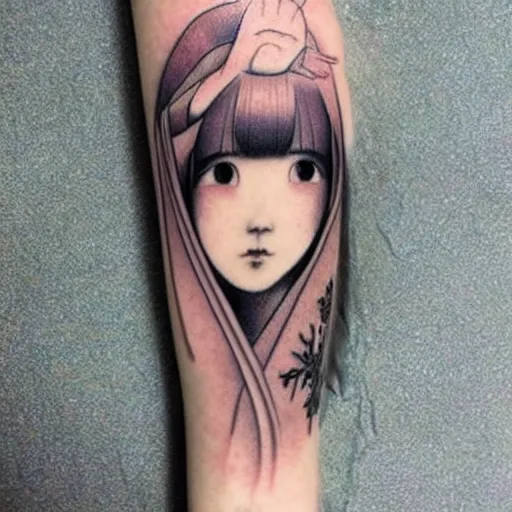 Prompt: beautiful thin wan korean angelic goddess in the style of fernand khnopff and hayao miyazaki, tattoo on arm, detailed beautiful tattoo