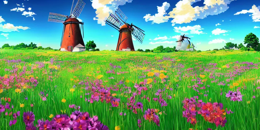 Image similar to scenic view of a flower meadow with a windmill, award - winning anime digital art