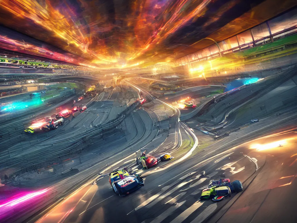 Image similar to a racing track in a game hyperealistic very colourful hdr cinematic lighting cgi render photorealistic cinematic octane render