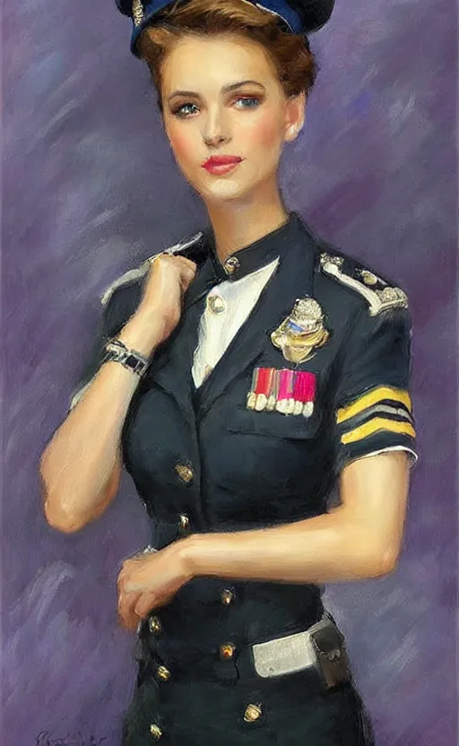 Image similar to Elegant lady in police uniform. By Konstantin Razumov, highly detailded