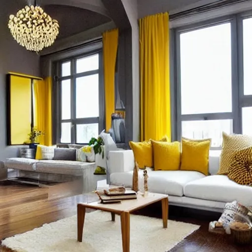 Image similar to Minimalistic Livingroom with a staircase, wooden floor, white L shaped couch, wooden coffee table, Big chandelier, Big Windows, Yellow Lights