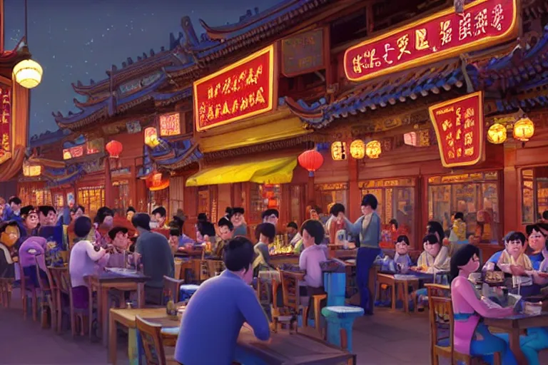 Prompt: a still from a pixar movie of a bustling tavern in china, at night