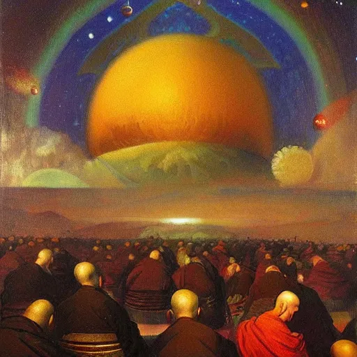 Prompt: crowd of cybermonks praying to supercomputer god in outer world. Huge mountain and planets on the background. oil painting by repin