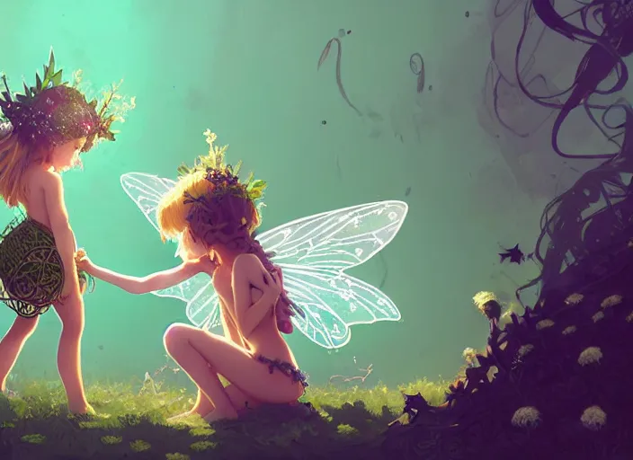 Image similar to two cute fairy girls playing with crown of flowers in plants bikini covered with celtic rune tattoos, fantasy, by atey ghailan, by greg rutkowski, by greg tocchini, by james gilleard, by joe gb fenton, by in kaethe butcher, dynamic lighting, gradient light green, brown, blonde cream and white color in scheme, grunge aesthetic