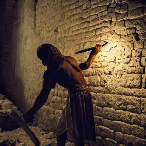 Image similar to award winning cinematic still of nighttime with 40 year old Mediterranean skinned man in Ancient Canaanite clothing fixing a ruined, crumbled wall in Jerusalem, holding a sword, dramatic lighting, nighttime, strong shadows, bold color contrast, action movie stills