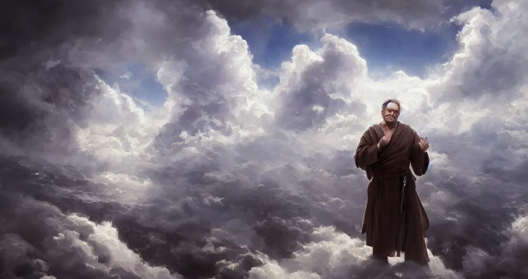 Prompt: robin williams is god, white beard, clouds, heaven, blue eyes, white robe, intricate, detailed, volumetric lighting, scenery, digital painting, highly detailed, artstation, sharp focus,, alex ross, ruan jia, steve mccurry