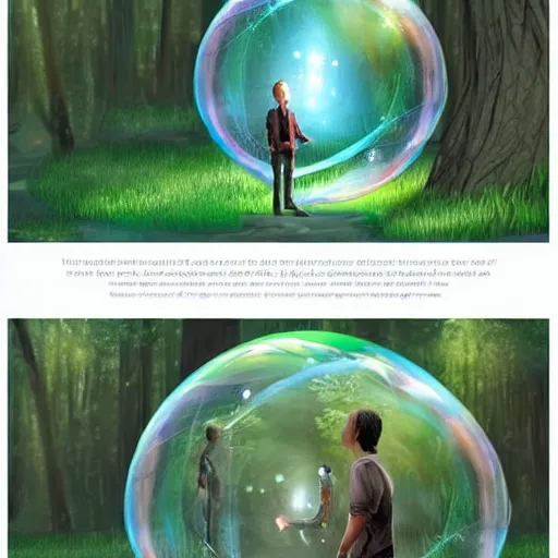Prompt: a man stand in the forest and make a big soap bubble, Artstation