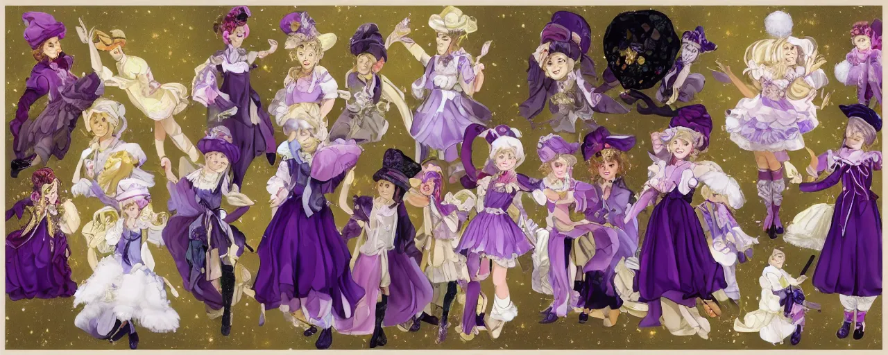 Prompt: A character sheet of full body beautiful and mysterious mystical girls with short blond hair wearing an oversized purple Beret, A purple and white dress uniform, Short Puffy pants made of silk, a fluffly petticoat, pointy jester shoes, a big billowy scarf, Golden Ribbon, and white leggings Covered in stars. Short Hair. Sunlit. Haute Couture.Art by william-adolphe bouguereau and Paul Delaroche and Alexandre Cabanel and Lawrence Alma-Tadema. Smooth. Elegant. Highly Detailed. Intricate. 4K. UHD. Denoise.