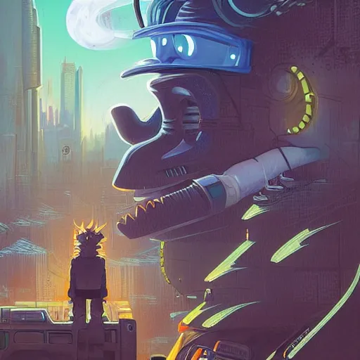 Image similar to fry futurama furry cyberpunk apocalyptic portrait by gaston bussierre and charles vess and james jean and erik jones and rhads, inspired by rick and morty, epic, funny, huge scale, beautiful fine face features, intricate high details, sharp, ultradetailed