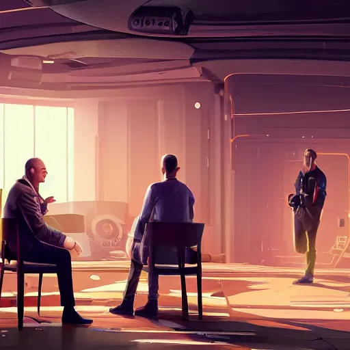 Prompt: Illustration meeting between Elon Musk, Jeff Bezos and Mark Zuckenberg to create the great simulation by Greg Rutkowski and James Gilleard, cgs society, unreal engine, 8k