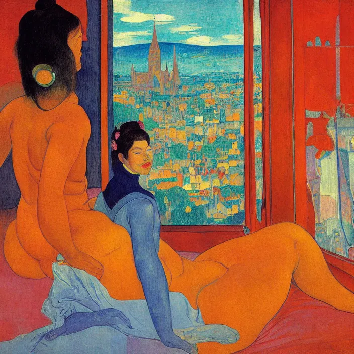 Image similar to close portrait of woman sitting on the bed with orange cat and aloe vera, with city with gothic cathedral seen from a window frame with curtains. sun setting through the clouds, vivid iridescent psychedelic colors. gauguin, agnes pelton, egon schiele, henri de toulouse - lautrec, utamaro, monet