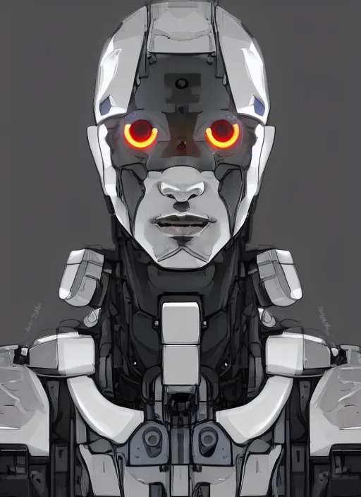 Image similar to bladerunner, cyberpunk, angled facial portrait of a bone ceramic caliente mech humanoid robot Spanish ninja with an attractive bald head and handsome features, large glowing eyes, macho, piroca, dotado, guapo, reflective surface, overwatch, trending on cgsociety, trending on artstation