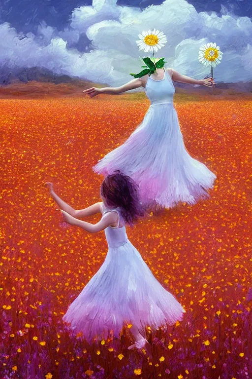 Image similar to giant white daisies flower head, girl dancing in a flower field, surreal photography, sunrise, dramatic light, impressionist painting, colorful clouds, digital painting, artstation, simon stalenhag