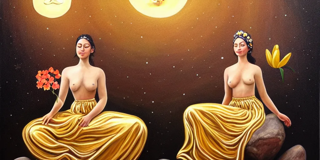 Image similar to very realistic beautiful painting of a goddess wearing a short metallic golden skirt covering her whole body holding flowers and levitating a pear, sun on the left moon on the right as she is sitting on a rock at night time, realistic 8K HD