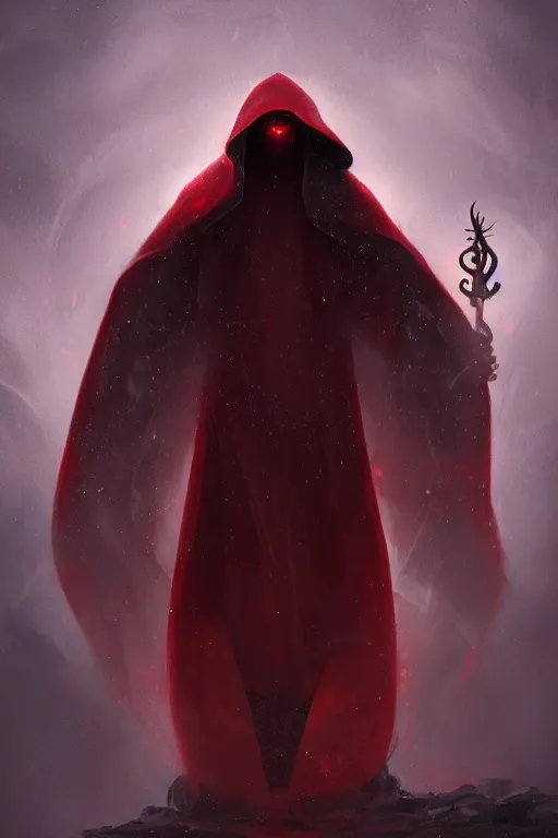 Image similar to A full body portrait of a mysterious character with no face with a very long hooded crimson red cloak, a golden crown floating above his head tentacles coming out the ground art by James Paick, and Shaddy Safadi, ominous, cosmic horror, trending on artstation, Ultra detailed, hyper realistic 4k